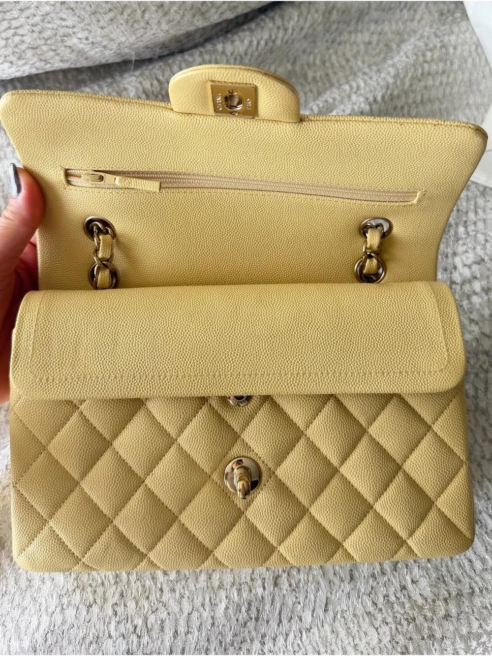 CHANEL Yellow Quilted Double Flap Shoulder Bag with Gold Hardware